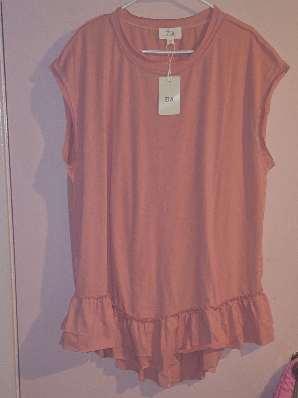 NWT ZiA Coral Pink Sleeveless T-Shirt Mini Dress Ruffle Hem - Medium